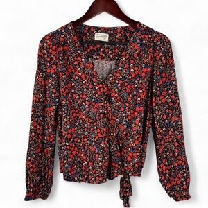 Women's Universal Thread Floral Bohemian Cottagecore Wrap Bow Prairie Blouse XS